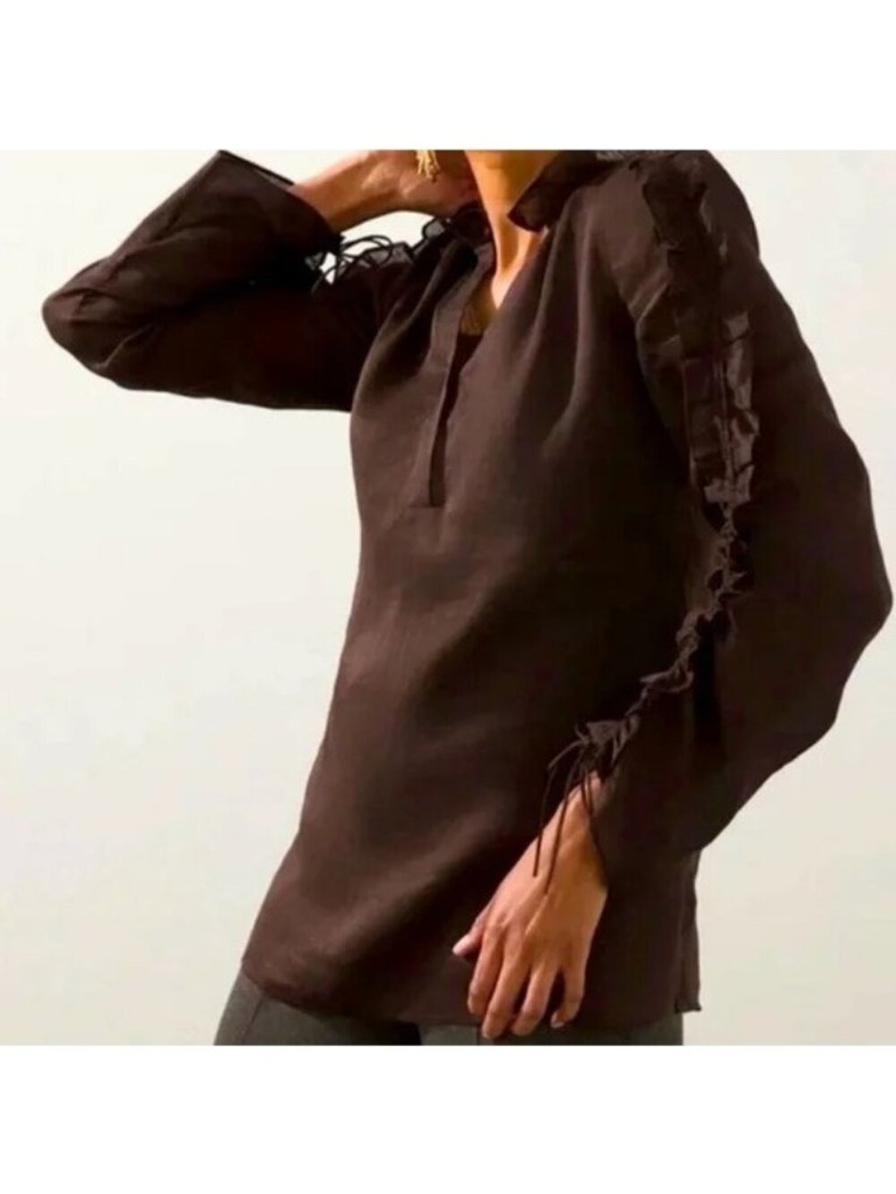 Chicos Top XL Ruffle Ruched Sleeve V Neck Chocolate Brown Sheer Preppy NEW
